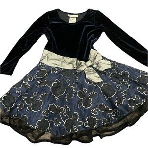 Vintage Bonnie Jean Girls Navy Velvet Floral Dress 3T Bow Glitter